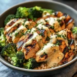 Grilled Chicken & Broccoli Bowls with Creamy Garlic Sauce