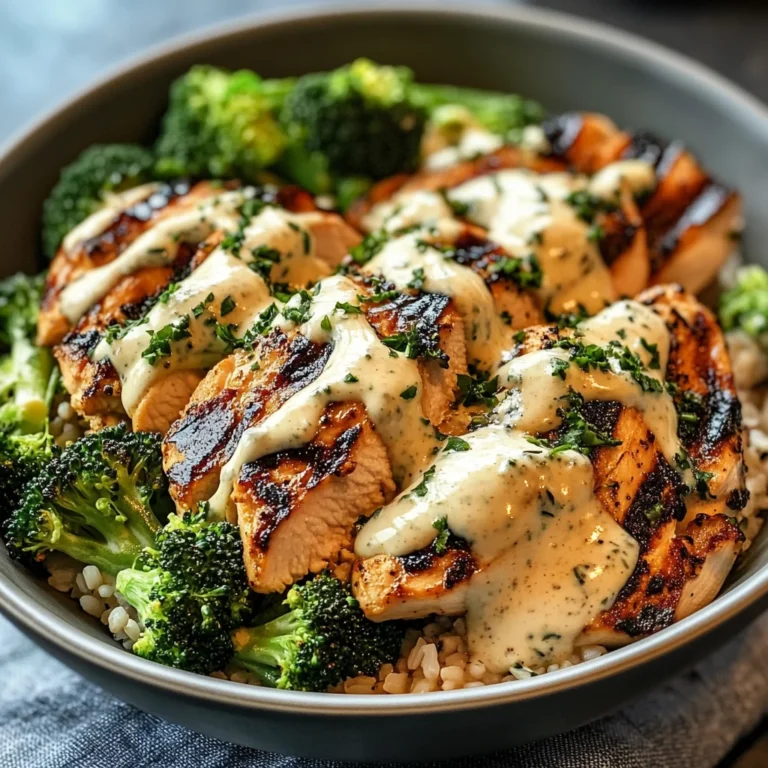 Grilled Chicken & Broccoli Bowls with Creamy Garlic Sauce